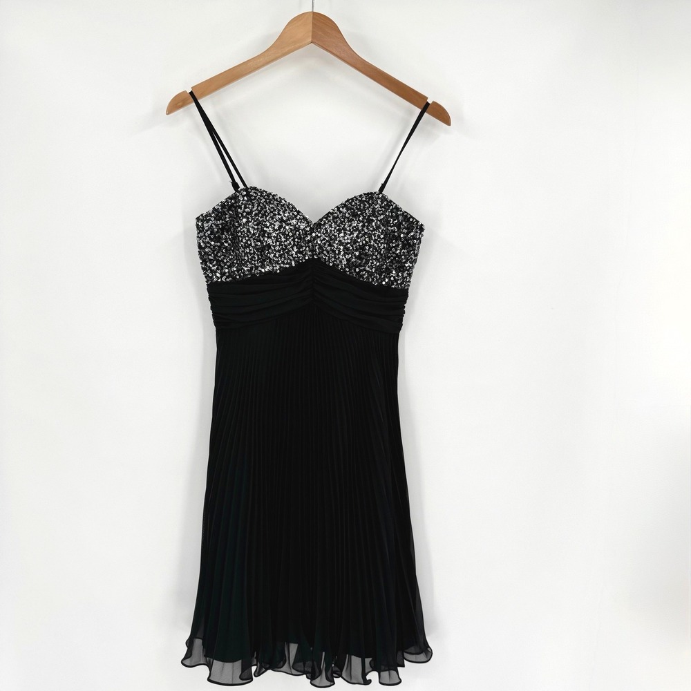 Black Sequin Bodice Pleated Chiffon Cocktail Sweetheart Midi Dress‎ Juniors S